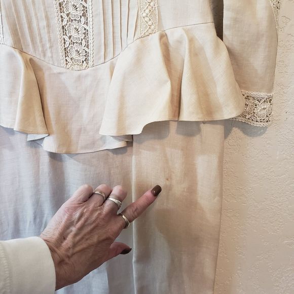 Jessica McClintock Vintage Beige Linen Peplum Ruffle Dress Exquisite, Sz 6 - Picture 5 of 16